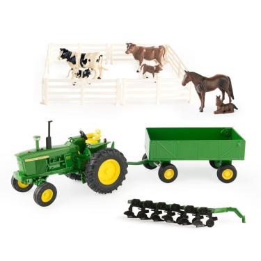 Imagem de Kit Fazenda John Deere Trator 4020 Arado Vagão Animais 1:32
