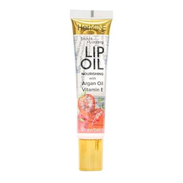 Imagem de HerMINE Óleo labial nutritivo com óleo de argan e vitamina E, gel hidratante labial transparente de longa duração, 15 g (morango)
