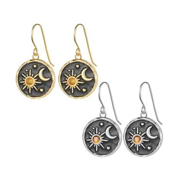 Imagem de Dreuyet Brincos femininos vintage boho com pingente de sol e lua, feitos à mão, exclusivos, leves, antigos, ouro, prata, moeda redonda, mitologia grega, joias, presentes, Middle, Metal, Sem pedra