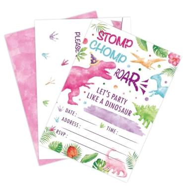 Imagem de Convite de festa de dinossauro em aquarela com envelopes – 20 conjuntos de cartões de convites de preenchimento para meninas dinossauro suprimentos de festa de aniversário convites para chá de bebê cartões T-Rex impressos frente e verso