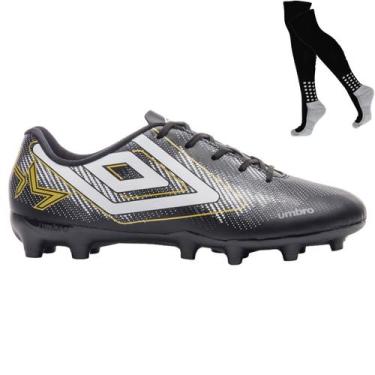 Imagem de Kit Chuteira Campo Umbro Heatmap e Meião, 41, Preto, Dourado, Masculin
