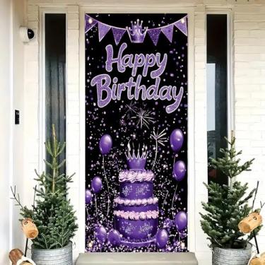 Imagem de Saoplasa Capa de porta de feliz aniversário roxa decoração de 188 x 89 cm coroa bolo balão banner para mulheres meninas suprimentos de festa de aniversário brilho glitter pano de fundo decoração de