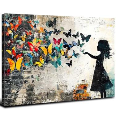 Imagem de Arte de parede em tela estilo vintage Banksy imagem de borboleta colorida pintura abstrata de menina pôster estético de rua arte de grafite animal para sala de estar quarto banheiro decorações de casa
