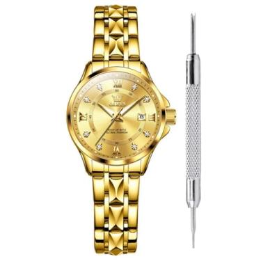 Imagem de OLEVS Relógios clássicos femininos analógicos de quartzo, aço inoxidável, robustos, à prova d'água, numerais romanos, calendário, data, negócios, relógio de pulso, Ouro - 2906F