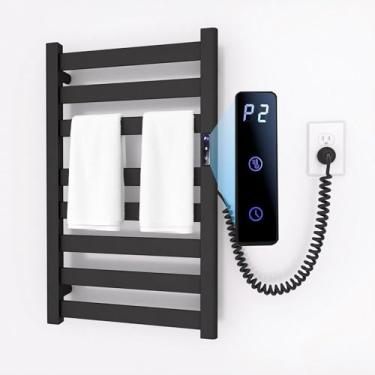 Imagem de Sawlece Aquecedores de toalhas para banheiro, rack de aquecedor de torre de alumínio, suporte de toalha elétrico de 8 barras montado na parede para banheiro com temporizador embutido, plug-in, preto