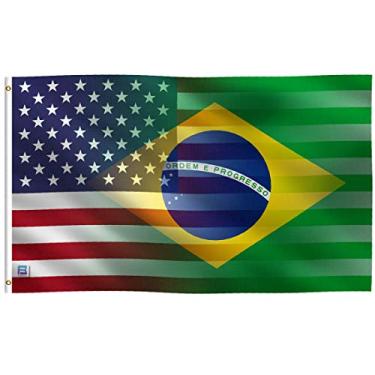 Imagem de Bandeira dupla americana e brasileira de 0,9 x 1,5 m: banner 100% poliéster, ilhós de latão e cabeçalho de lona forte, para uso externo ou interno (face única)