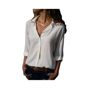 Imagem de Camisa Vintage Feminina De Outono Com Gola Polo Solta Com Botões Blusa