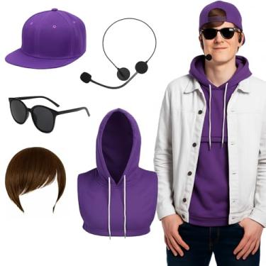 Imagem de Mepase 5 peças de acessórios de fantasia de cantor pop de Halloween roxo para homens com peruca reta curta marrom boné de beisebol de aba plana moletom roxo com gola falsa e fone de ouvido fantasia