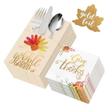 Imagem de Guardanapos de Ação de Graças ORIENTAL Cherry – Pacote com 54 guardanapos de papel dourado com porta-talheres – Decorações de agradecimento para o outono e colheita de casamento