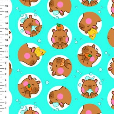 Imagem de Tecido Tricoline Capivara Patinho Bola Fundo Tiffany - Meia Tigela - P