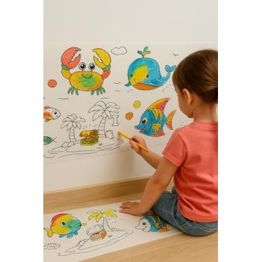 Imagem de Papel Adesivo Infantil para Colorir Tema Oceano Destacável 3m x 30 cm Brinquedo Educativo para Crianças a Partir de 3 Anos Desenho Para Pintar Presente Colável Parede Chão Superficie Plana