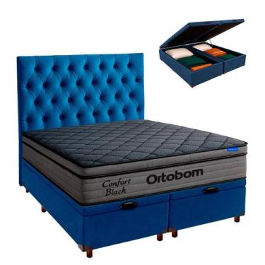 Imagem de Cama Box Bau Azul + Cabeceira + Colchão Queen Confort Black Ortobom