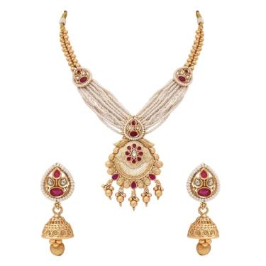 Imagem de I Jewels Colar de pérolas com motivo de contas em camadas de latão antigo banhado a ouro de Bollywood indiano com brinco conjunto de joias para mulheres (MC221Q)