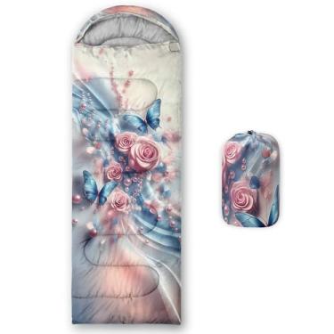 Imagem de QOOMO Sacos de dormir impermeáveis com flores rosa para adultos e crianças, sacos de dormir estampados para acampamento, clima quente e frio, viagens e ao ar livre, equipamentos de acampamento, 78,7 x