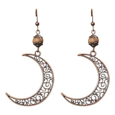 Imagem de TIANHONGYAN Brincos vintage de lua para mulheres, feitos à mão, boêmio, marrom, sol, lua, pingente, joia para presente, Small, Metal, Sem pedra preciosa