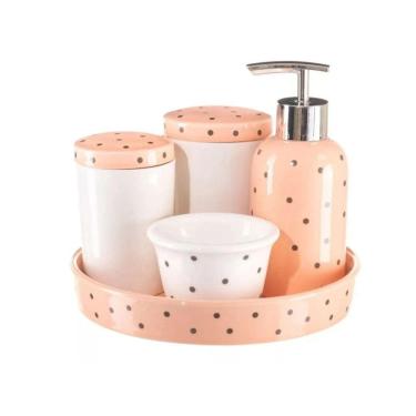 Imagem de Jogo De Banheiro Higiene De Porcelana Estampa Poá 5 Peças