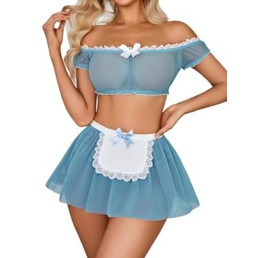 Imagem de Avidlove Conjunto de roupa de empregada sexy com ombro de fora, minissaia de malha com tanga e fantasias de Halloween (pacote com 3), Azul, P