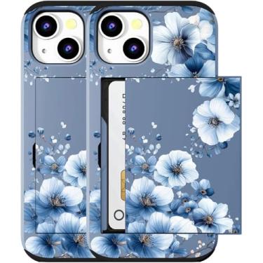 Imagem de MUQR Capa compatível com iPhone 15 com porta-cartão fofo - Design Kawaii proteção contra quedas de grau militar capa carteira robusta para mulheres (flores retrô elegantes azuis)