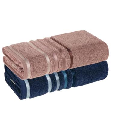 Imagem de Kit 2 Toalhas de Banho Karsten Gigante Fio Penteado (02 Banhão) - Rosa Vintage com Marinho