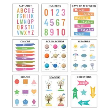Imagem de CNTG Design Cartazes educativos – Conjunto de arte de parede sem moldura de 22 x 25 cm – alfabeto, números, sistema solar, formas e decoração de sala de aula para ensino em casa (aprendizagem