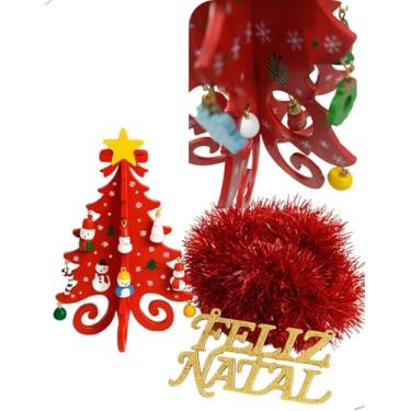 Imagem de Árvore de Natal de Madeira Mini Enfeites Festão Vermelho Placa Feliz Natal Decoração Natalina de Mesa e Ambientes