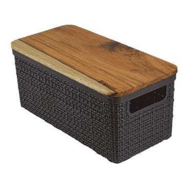 Imagem de Cesto organizador m tampa bambu juta 28x13x12cm- branco/