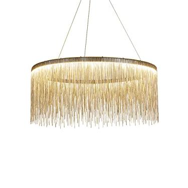 Imagem de Pendente de LED redondo com borla, lustre moderno de tambor de corrente, luminária de teto decorativa de luxo para sala de estar, hotel, quarto, sala de jantar, prata + luz neutra - 80 cm 55