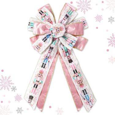 Imagem de JarThenaAMCS Guirlanda de Natal, guirlanda rosa, quebra-nozes com fio, laço de tecido para artesanato para porta da frente, decoração interna e externa, 28 x 51 cm