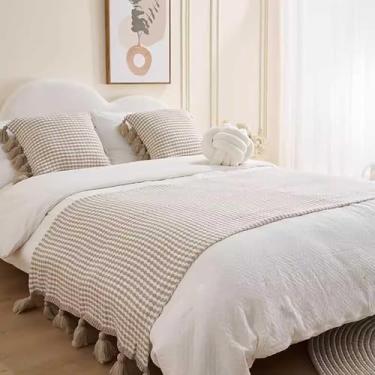 Imagem de Cachecol de cama de hotel, manta de sofá, listrada, de malha, com borlas, moderna, cor sólida, colcha decorativa, quarto, confortável, protetor de cama de luxo, bege|apenas 1 fronha 45 x 45 cm