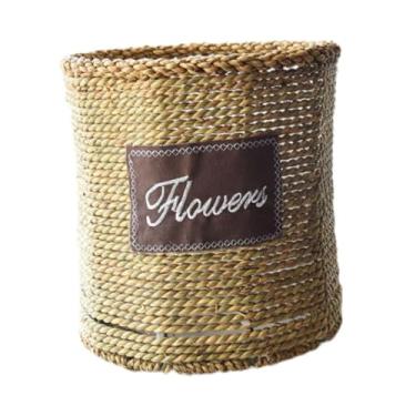 Imagem de ＡＷＨＡＯ Cesta de tecelagem de palha para plantas, recipiente elegante, novidade, cesta de flores, vaso de flores para sala de estar, quintal, pátio, Cilíndrico