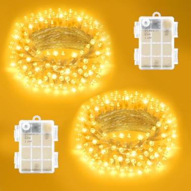 Imagem de FFZZKJ Luzes de Natal ao ar livre operadas por bateria total 100 LEDs 10 metros para decorações de Natal 16,4 pés x 2, 50 LED*2 à prova d'água interna com temporizador para decoração de Natal, branco