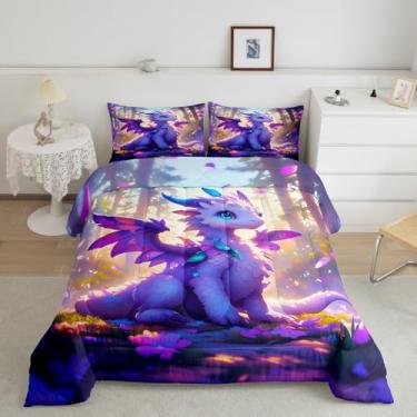 Imagem de Manfei Jogo de cama solteiro de dragão fofo, desenho animado de animais ocidentais, 2 peças, para meninos e meninas, floridas roxas, margaridas românticas, edredom de plumas, 1 fronha