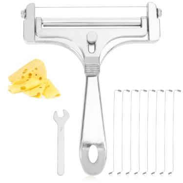 Imagem de Kit Fatiador de Queijo, Espessura Ajustável Fatiador Queijo Portátil Ferro com 8 Fios Extras e Chave Inglesa Cortador de Alimentos para Mussarela Cheddar Manteiga (Prata)