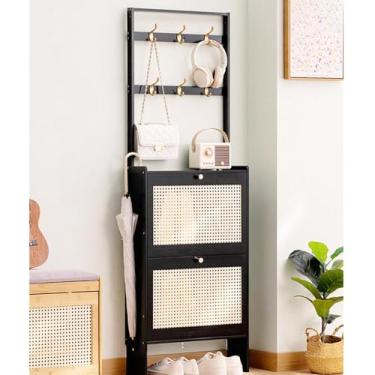 Imagem de LIJAHGMD Armário de sapatos de entrada com cabideiro, armário de sapatos alto preto com porta dobrável para entrada, armário de sapatos de 50/70 cm com prateleiras para chinelos, tênis, saltos, botas