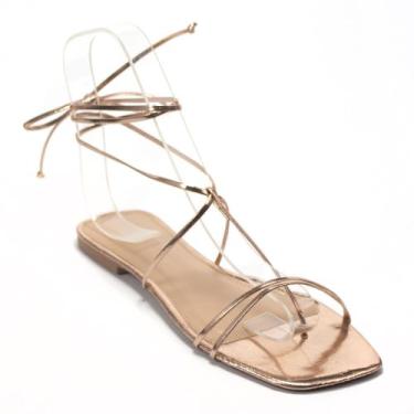 Imagem de Sandália Rasteira Gladiadora Metalizada Tiras Finas - zurystore, Gold 