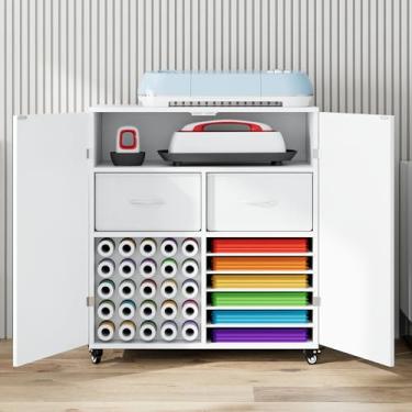 Imagem de Organizador de artesanato com rodinhas e suporte Cricut – Carrinho de armazenamento de artesanato com gaveta grande, suporte de 30 rolos de vinil, prateleira de papelão removível e rodas com trava