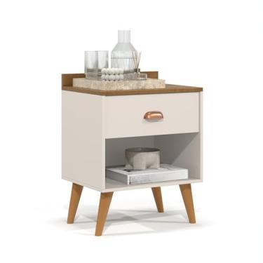 Imagem de Mesa de cabeceira vintage com palito de dente pés e 2 gavetas(PÉROLA - OFF WHITE/FREIJÓ)