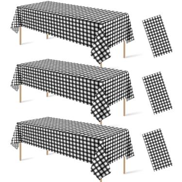 Imagem de 3 peças de decoração de toalha de mesa xadrez preto e branco, plástico descartável, preto, xadrez, buffalo, para chá de bebê, casamento, festa de aniversário, 137 x 272 cm