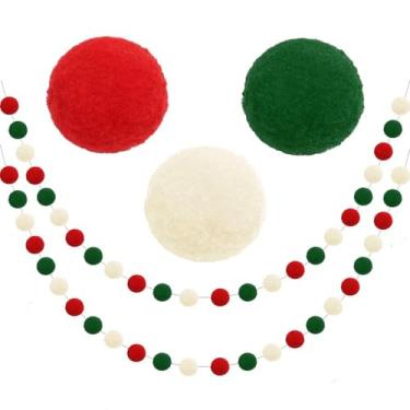 Imagem de Guirlanda de pompom de Natal, pacote com 2 lindas bolas de feltro para pendurar, vermelho, branco, verde, contas de pompom, enfeite de faixa, decorações de Natal para árvores, ambientes internos
