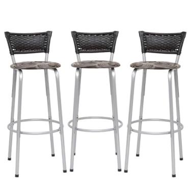 Imagem de Banqueta Altas Junco Preto Estrutura Prata 70cm Para Balcão Cozinha, Bar, Bistrô, Americano Kit 03 Unidades - Itagold (Assento Floral Marrom)