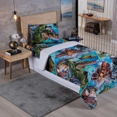 Imagem de Edredom Solteiro Infantil Dupla Face Estampado Digital Fofinho Macio Avulso Micropecal 200 Fios (Peixes)