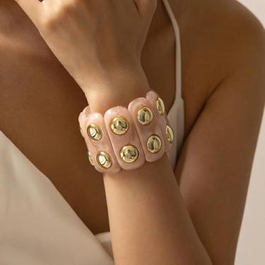 Imagem de Pulseira feminina com detalhes dourados de resina Lrregular Pulseira larga com tachas redondas para uso diário e festa combinando, One Size, Acrílico, Sem Pedra Preciosa