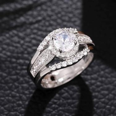 Imagem de Anel de compromisso feminino de luxo com zircônia cúbica redonda brilhante joia de aliança de casamento, 6, Latão, Zircônia cúbica