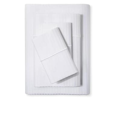 Imagem de Lençóis de cama de damasco tamanho King Size Feather & Stitch | Jogo de cama respirável 100% algodão macio com 4 | bolsos profundos de 45,7 cm 500 fios cetim trançado listrado colchão resort hotel decoração de luxo | branco