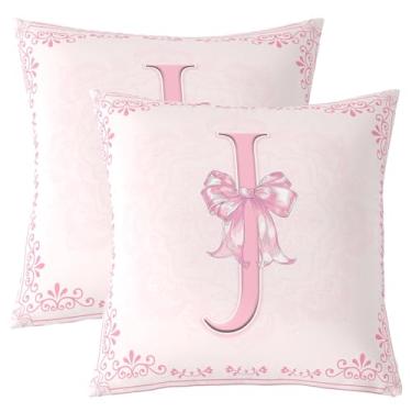 Imagem de Manfei Capa de almofada rosa letra J aquarela floral laço dupla face fronha para crianças, meninos, meninas, princesa Bowkont, capa de almofada para cama, sofá, 2 unidades, 50,8 x 50,8 cm