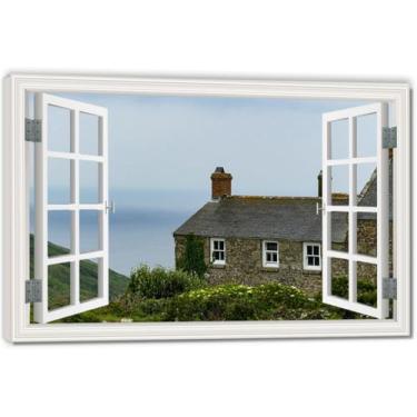 Imagem de Little HouseArtistic Impressão em tela de ilusão de janela falsa, arte de parede com vista panorâmica real para sala de estar 20 x 30 cm emoldurada