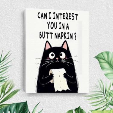 Imagem de Arte de parede engraçada em tela de banheiro de gato, pinturas de arte emolduradas de gato humorístico, decoração de parede, cena da natureza, desenhos de amantes de gatos, imagem para sala de estar