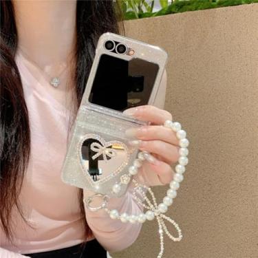Imagem de Capa para Galaxy Z Flip5, transparente, com glitter, laço fofo, espelhada, com dobradiça, compartimento para cartão e corrente (para Galaxy Z Flip5/com corrente - Amor)
