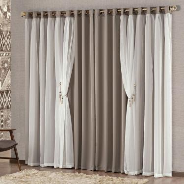 Imagem de Cortina Mabelle Luxo para Varão Tecido Semi Blackout e Voal 3,00 x 2,50 Metros - Avelã