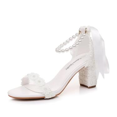 Imagem de Cateen Qooity Sandálias de casamento elegantes, renda branca pérola no tornozelo, salto bloco com laço de cetim, salto aberto para ocasiões especiais, Branco, 37